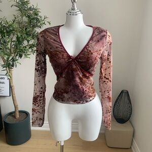 Thirty Thirty Velvet Floral Mesh Top Burgundy S NWT